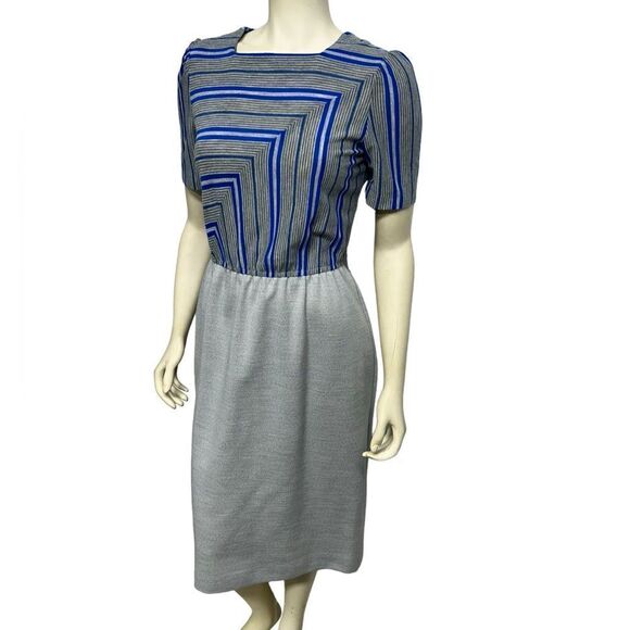Vintage Leslie Fay Blue Gray Striped Short Sleeve Midi Dress Blouson Stretch - Picture 1 of 14
